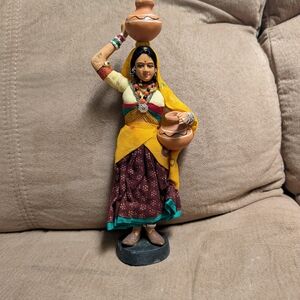 Handcrafted Indian Woman Figurine with Yellow Sari and Clay Pots